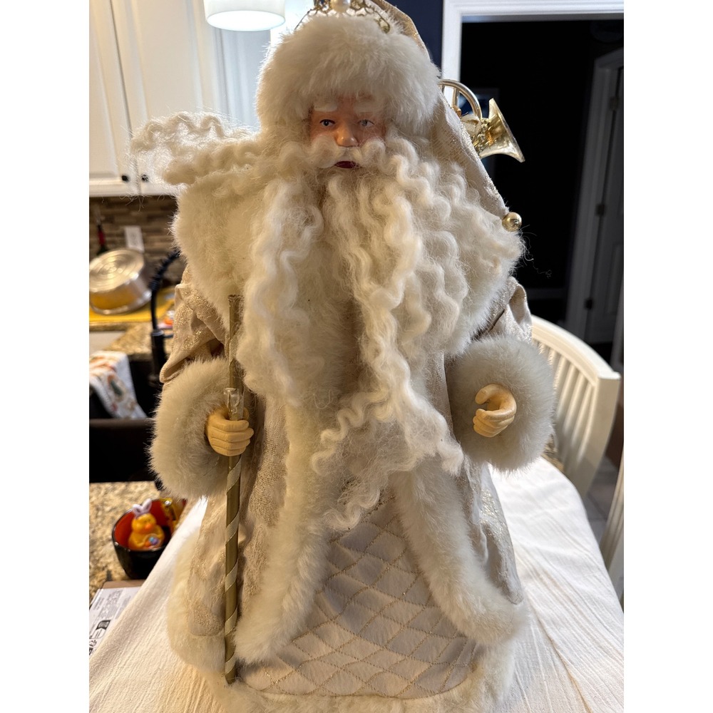 20 Inch Elegant White Gold Santa Claus Figurine Brocade Coat Faux Fur Trim Decor